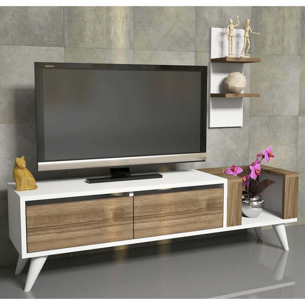 Homemania TV-b&auml;nk Pers 130x30x38,6 cm vit och valn&ouml;tstr&auml;