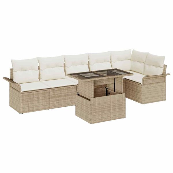 vidaXL Tr&auml;dg&aring;rdsoffset med kudde med lagring 7 pcs Beige Poly rattan
