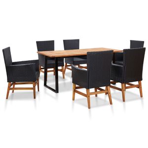 vidaXL Matgrupp f&ouml;r tr&auml;dg&aring;rden 7 delar konstrotting & akaciatr&auml; svart