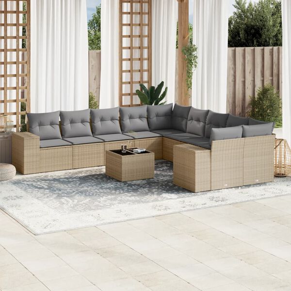 vidaXL Loungegrupp f&ouml;r tr&auml;dg&aring;rden m. dynor 11 delar beige konstrotting