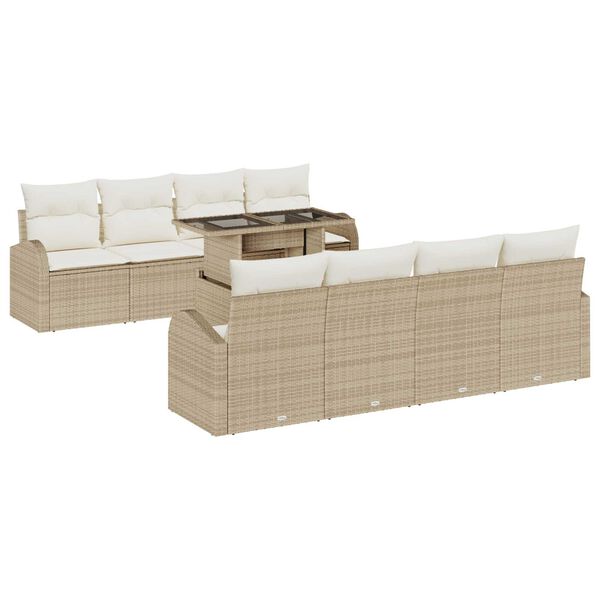 vidaXL Trädgårdsoffset med kudde med lagring 9 pcs Beige Poly Rattan
