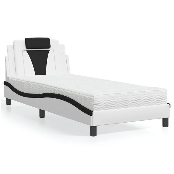 vidaXL Bed "Viana" with Mattress White and Black 90x190 cm Faux Leather