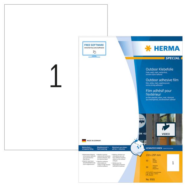 HERMA Utomhusetiketter v&auml;derbest&auml;ndiga A4 210x297 mm 50 ark vit