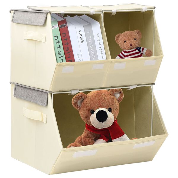 vidaXL F&ouml;rvaringsl&aring;da stapelbar 3 delar tyg gr&aring; & gr&auml;ddvit