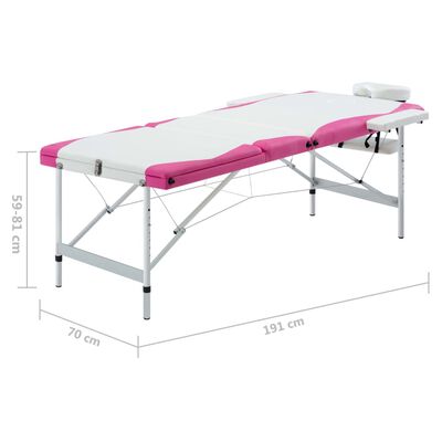 vidaXL Hopfällbar massagebänk 3 sektioner aluminium vit och rosa