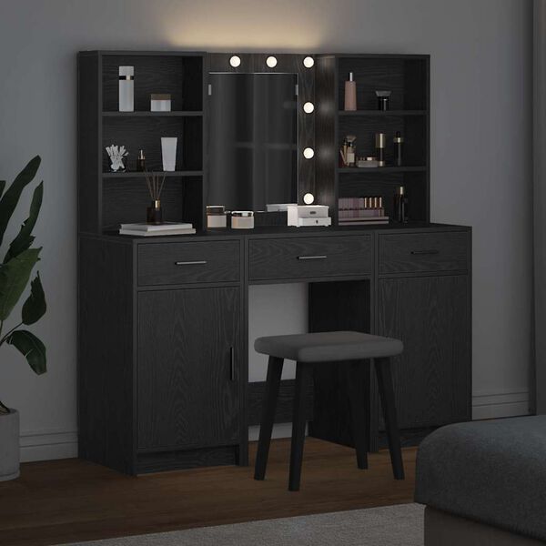 vidaXL Sminkbordssats med LED med l&aring;da 3 pcs Svart Ek Konstruerat tr&auml;