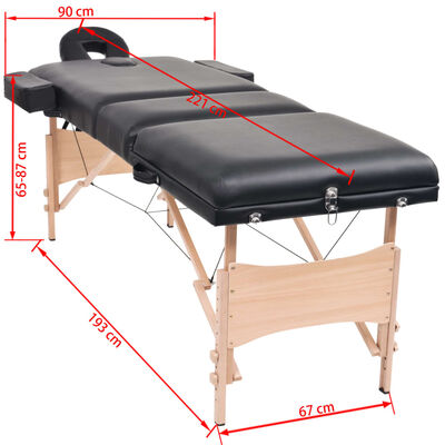 vidaXL Hopfällbar massagebänk 3 sektioner och pall 10 cm tjock svart