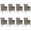 vidaXL Matgrupp för trädgården med dynor 9 delar grå konstrotting