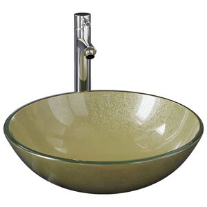 vidaXL Handfat med kran och tryckavlopp guld h&auml;rdat glas