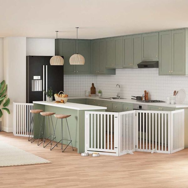 vidaXL Hundgrind med d&ouml;rr vikbar 8 paneler vit 640 cm poppel