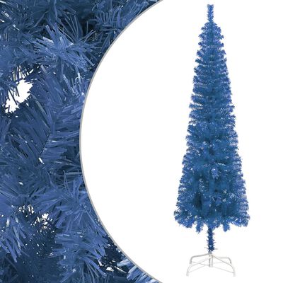 vidaXL Plastgran smal med LED och julgranskulor blå 180 cm