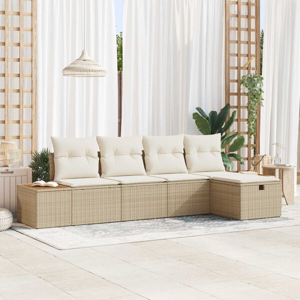 vidaXL Tr&auml;dg&aring;rdsoffset med kudde 5 pcs Beige Poly rattan