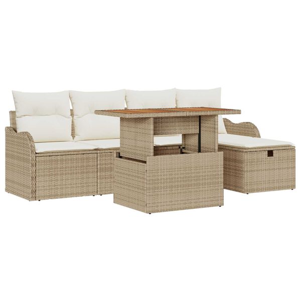 vidaXL Tr&auml;dg&aring;rdsoffset med kudde med lagring 6 pcs Beige Poly rattan