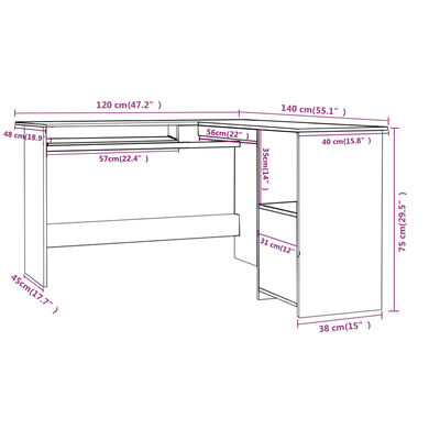 vidaXL Skrivbord L-format grå högglans 120x140x75 cm konstruerat trä