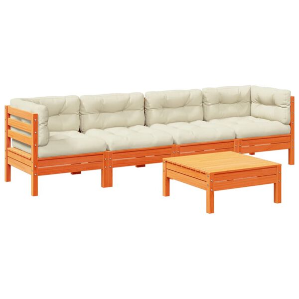 vidaXL Loungegrupp f&ouml;r tr&auml;dg&aring;rden 5 delar m dynor vaxbrun massiv furu