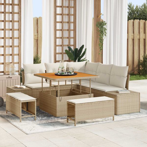 vidaXL Tr&auml;dg&aring;rdsoffset med kudde med lagring 8 pcs Beige Poly rattan