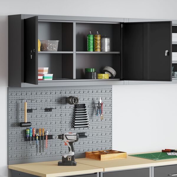 vidaXL Verktygsskåp och pegboard-set 3 pcs Svart 100 x 20 x 115 cm