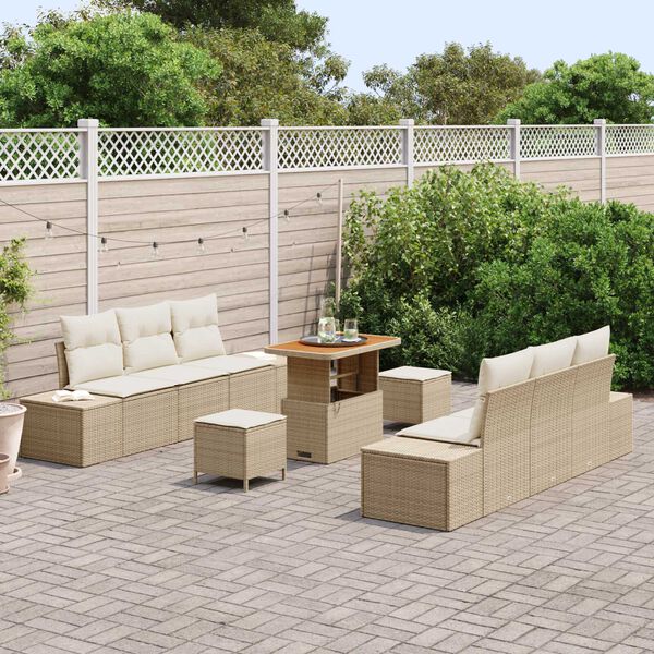 vidaXL Tr&auml;dg&aring;rdsoffset med kudde 9 pcs Beige Poly rattan