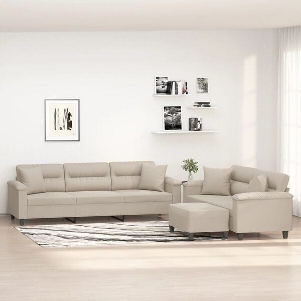 vidaXL Soffgrupp med kuddar 3 delar Gräddvit mikrofibertyg