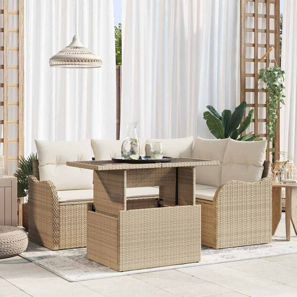 vidaXL Tr&auml;dg&aring;rdsoffset med kudde med kudde 5 pcs Beige Poly Rattan
