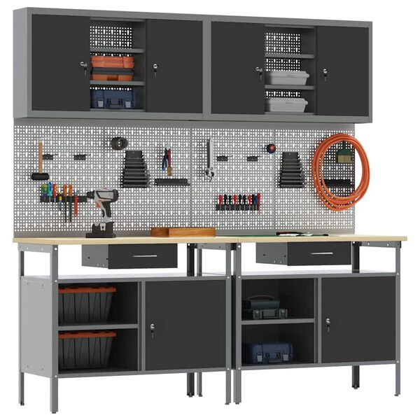 vidaXL Arbetsb&auml;nkset med l&aring;da 8 pcs Svart 200 x 55 x 200 cm St&aring;l