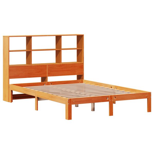 vidaXL S&auml;ng med bokhylla utan madrass vaxbrun 120x190 cm massiv furu