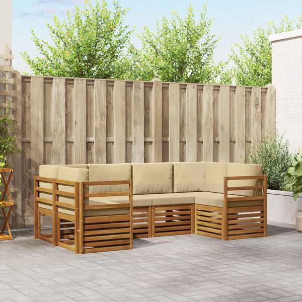 vidaXL Sektionsoffgrupp med kudde 6 pcs Naturf&auml;rg Massivt Akaciatr&auml;