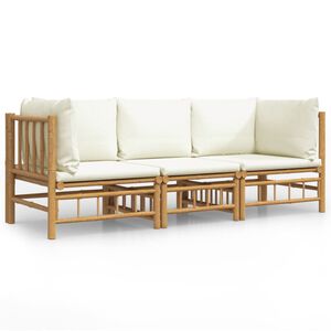 vidaXL Loungegrupp f&ouml;r tr&auml;dg&aring;rden med gr&auml;ddvita dynor 3 delar bambu