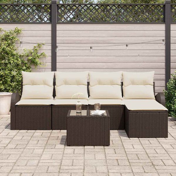 vidaXL Tr&auml;dg&aring;rdsoffset med kudde 6 pcs Brun Poly rattan