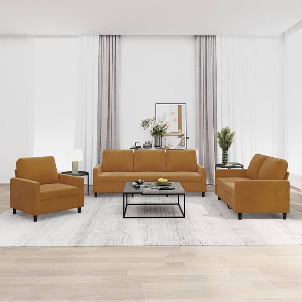 vidaXL Soffgrupp med dynor 3 delar brun sammet