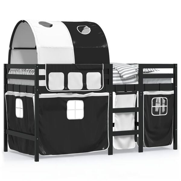 vidaXL Loftsäng med tunnel vit&svart 90x200 cm massiv furu