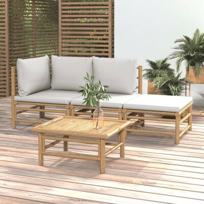 vidaXL Loungegrupp för trädgården 4 delar ljusgråa dynor bambu