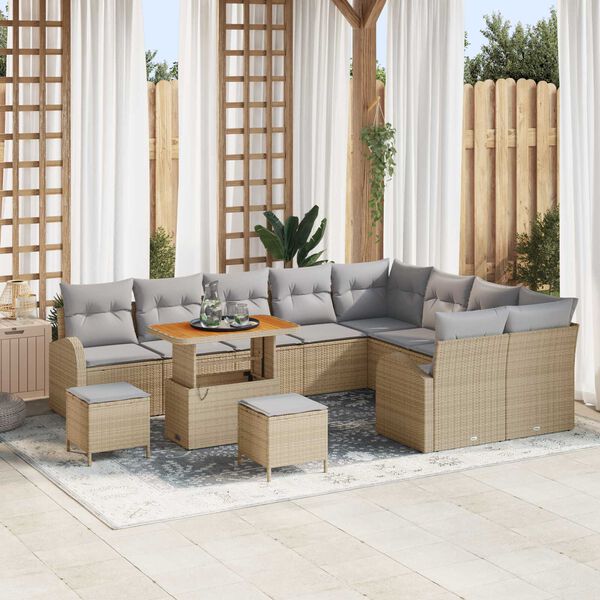 vidaXL Tr&auml;dg&aring;rdsoffset med kudde 12 pcs Beige Poly rattan