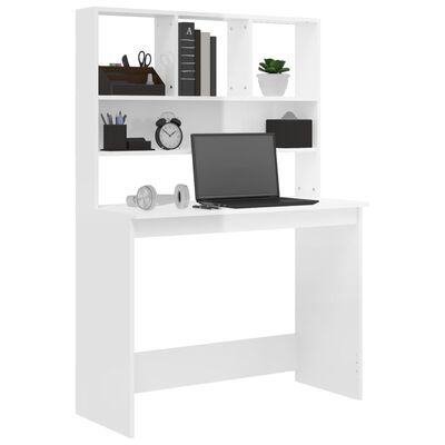 vidaXL Skrivbord med hyllor vit högglans 102x45x148 cm konstruerat trä