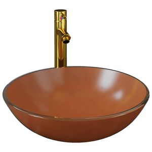 vidaXL Handfat med kran och tryckavlopp brunt h&auml;rdat glas