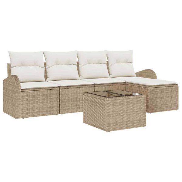 vidaXL Tr&auml;dg&aring;rdsoffset med kudde 6 pcs Beige Poly rattan