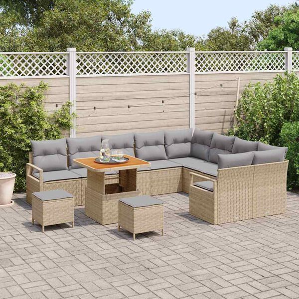 vidaXL Tr&auml;dg&aring;rdsoffset med kudde 12 pcs Beige Poly rattan
