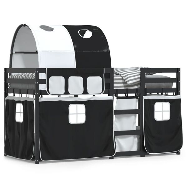 vidaXL Lofts&auml;ng med gardiner vit&svart 90x200 cm massiv furu