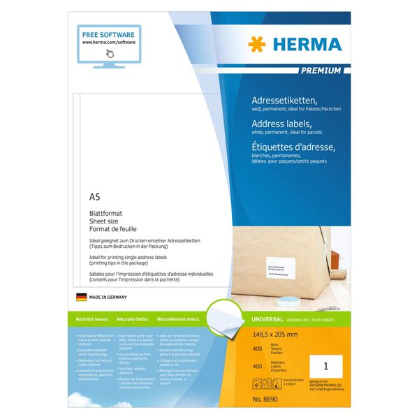 HERMA Permanenta etiketter PREMIUM A5 148,5x205 mm 400 ark