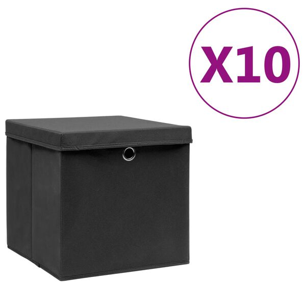 vidaXL F&ouml;rvaringsl&aring;dor med lock 10 st 28x28x28 cm svart