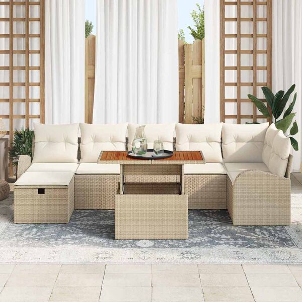 vidaXL Tr&auml;dg&aring;rdsoffset med kudde med lagring 8 pcs Beige Poly rattan