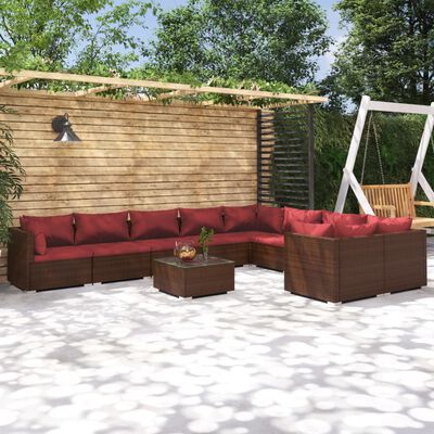 vidaXL Loungegrupp för trädgården med dynor 10delar konstrotting brun