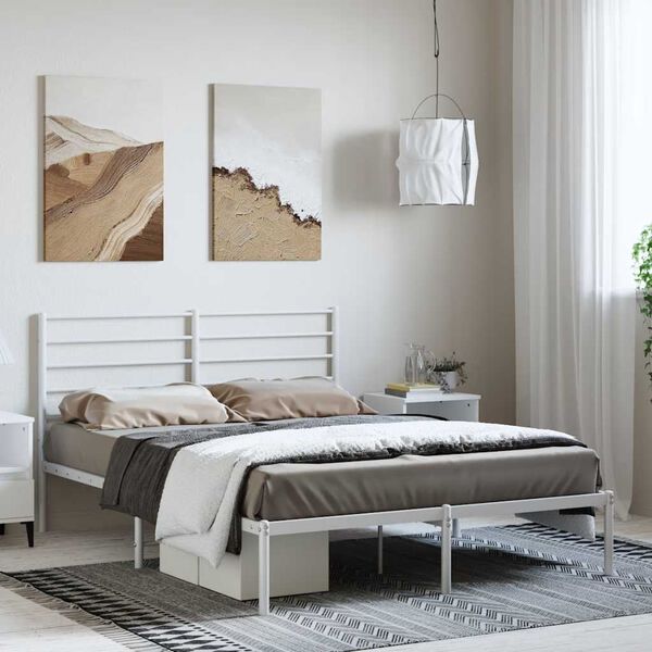 vidaXL Sängram med huvudgavel metall vit 135x190 cm