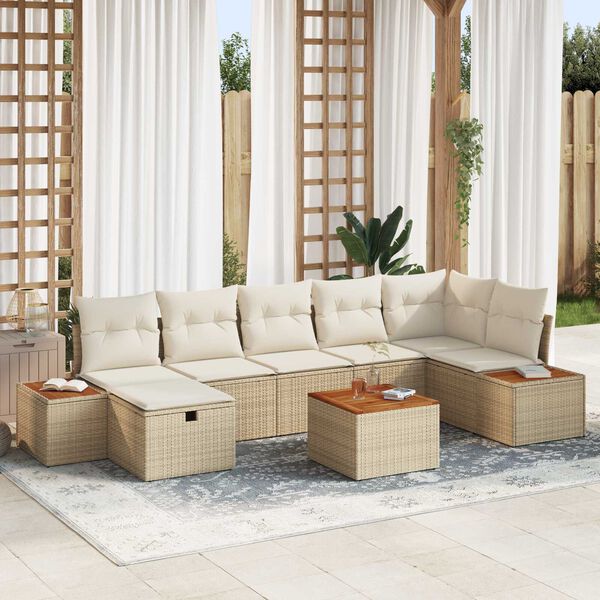 vidaXL Tr&auml;dg&aring;rdsoffset med kudde 8 pcs Beige Poly rattan