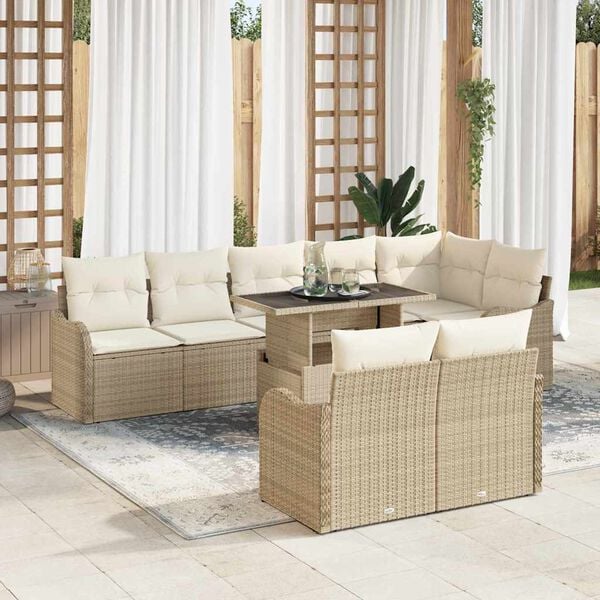 vidaXL Trädgårdsoffset med kudde 9 pcs Beige Poly rattan