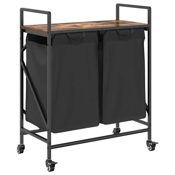 vidaXL Tvättkorg 2 fack med hjul rökfärgad ek