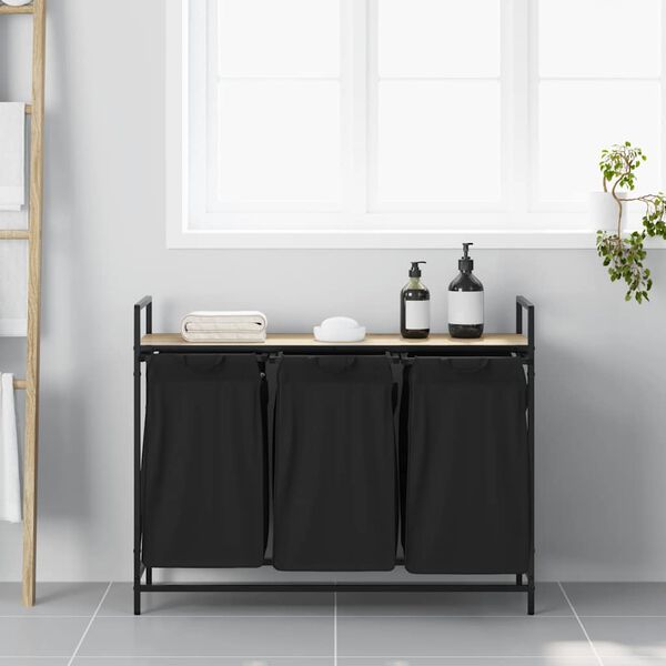 vidaXL Tvättkorg 3 fack med hylla sonoma-ek