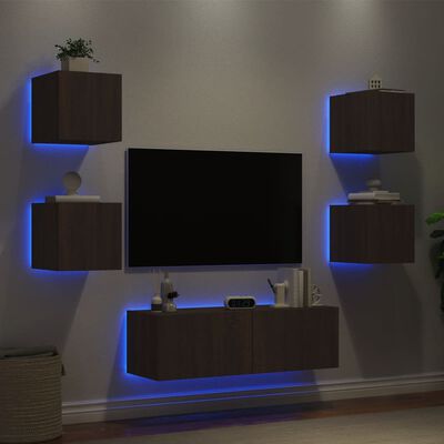 vidaXL Väggmonterade tv-skåp 5 delar med LEDs brun ek
