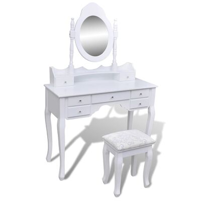 vidaXL Sminkbord med spegel och pall 7 lådor vit