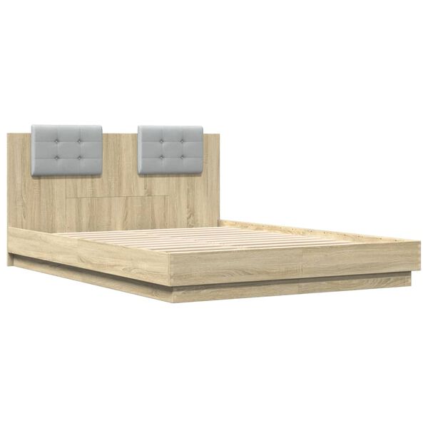 vidaXL Sängram med huvudgavel och LEDs sonoma-ek 140x200 cm
